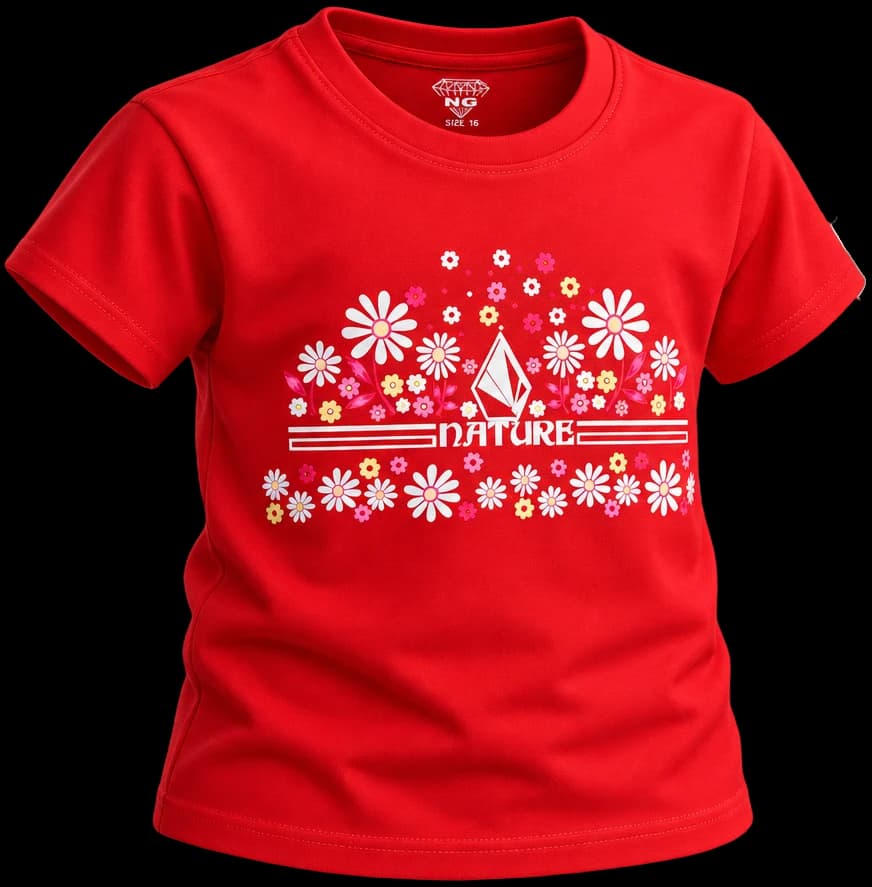 Red crew-neck kids tee with 'Nature' daisy print